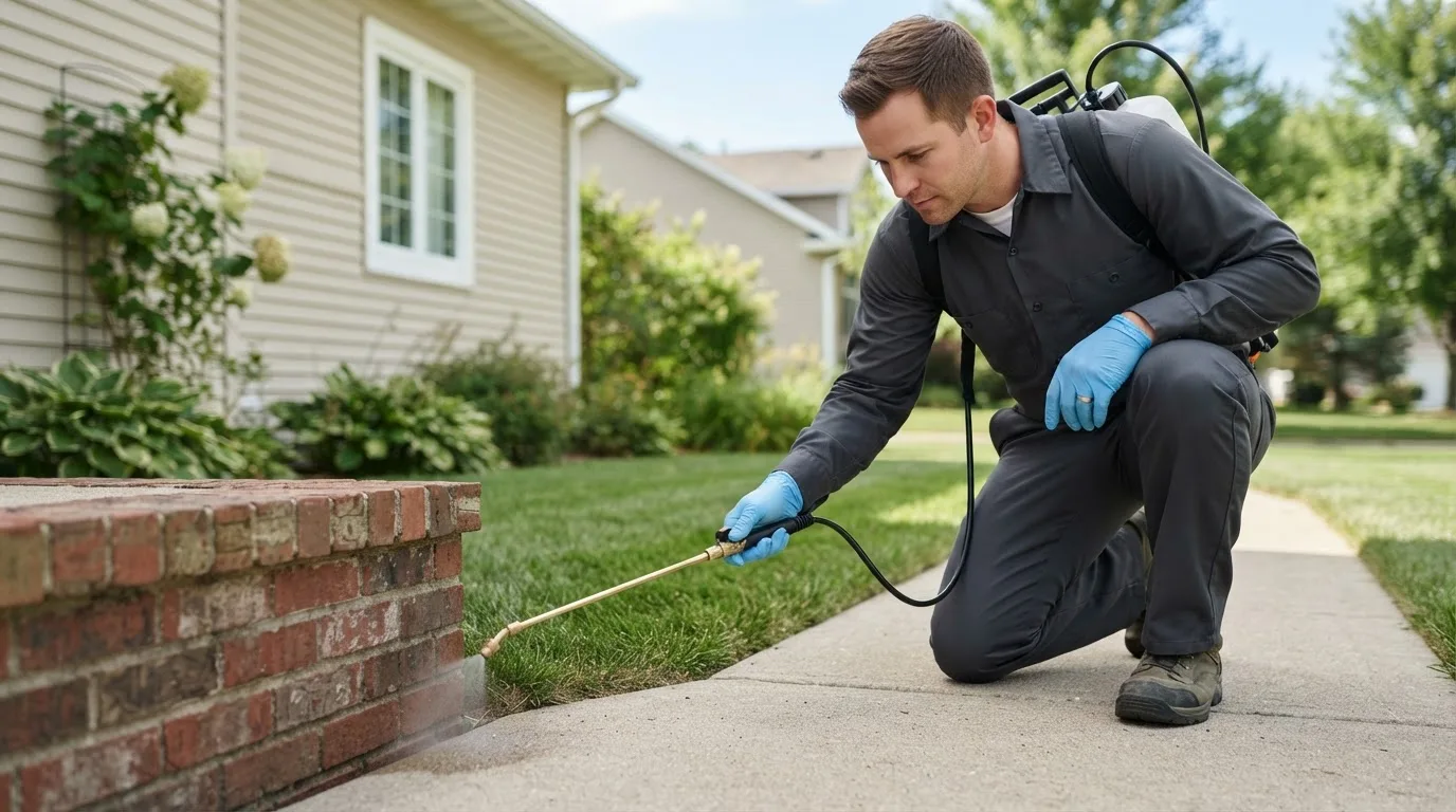 Pest control technician treating a home near Teague, TX